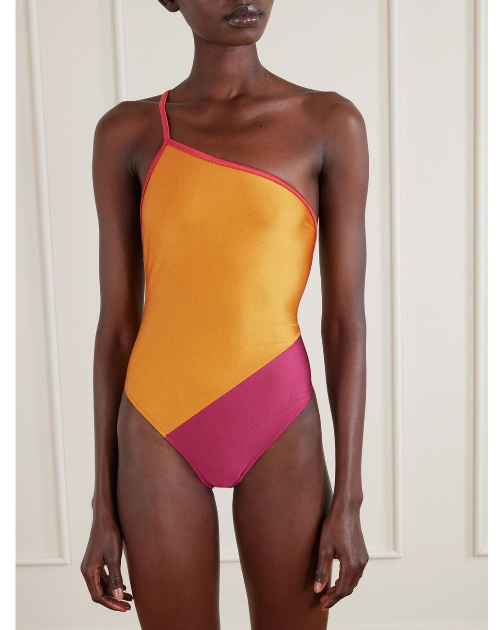 Saint Laurent Pink One-Shoulder Color-Block Swimsuit
