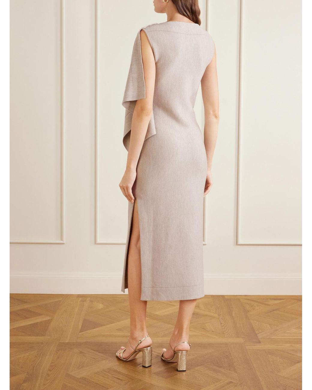 Oscar de la Renta Natural Draped Wool-Blend Knitted Midi Dress