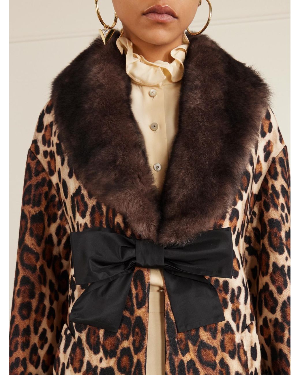 Valentino Garavani Brown Bow-Embellished Shearling-Trimmed Leopard-Print Wool Coat