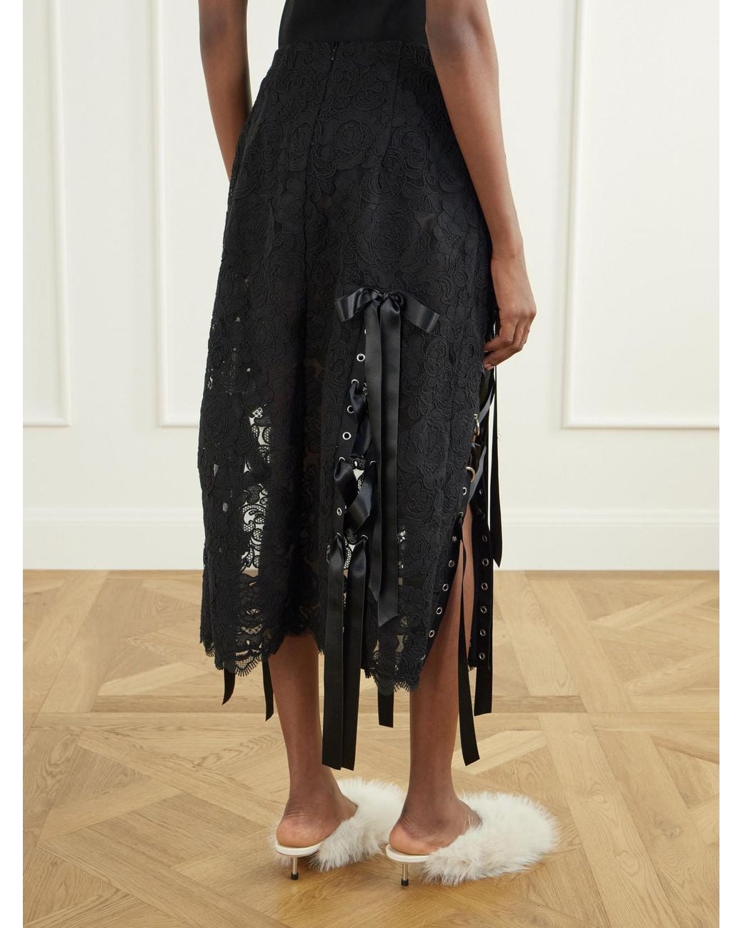 Simone Rocha Black Unraveling Ribbon Ring Asymmetric Embellished Lace And Satin Midi Skirt