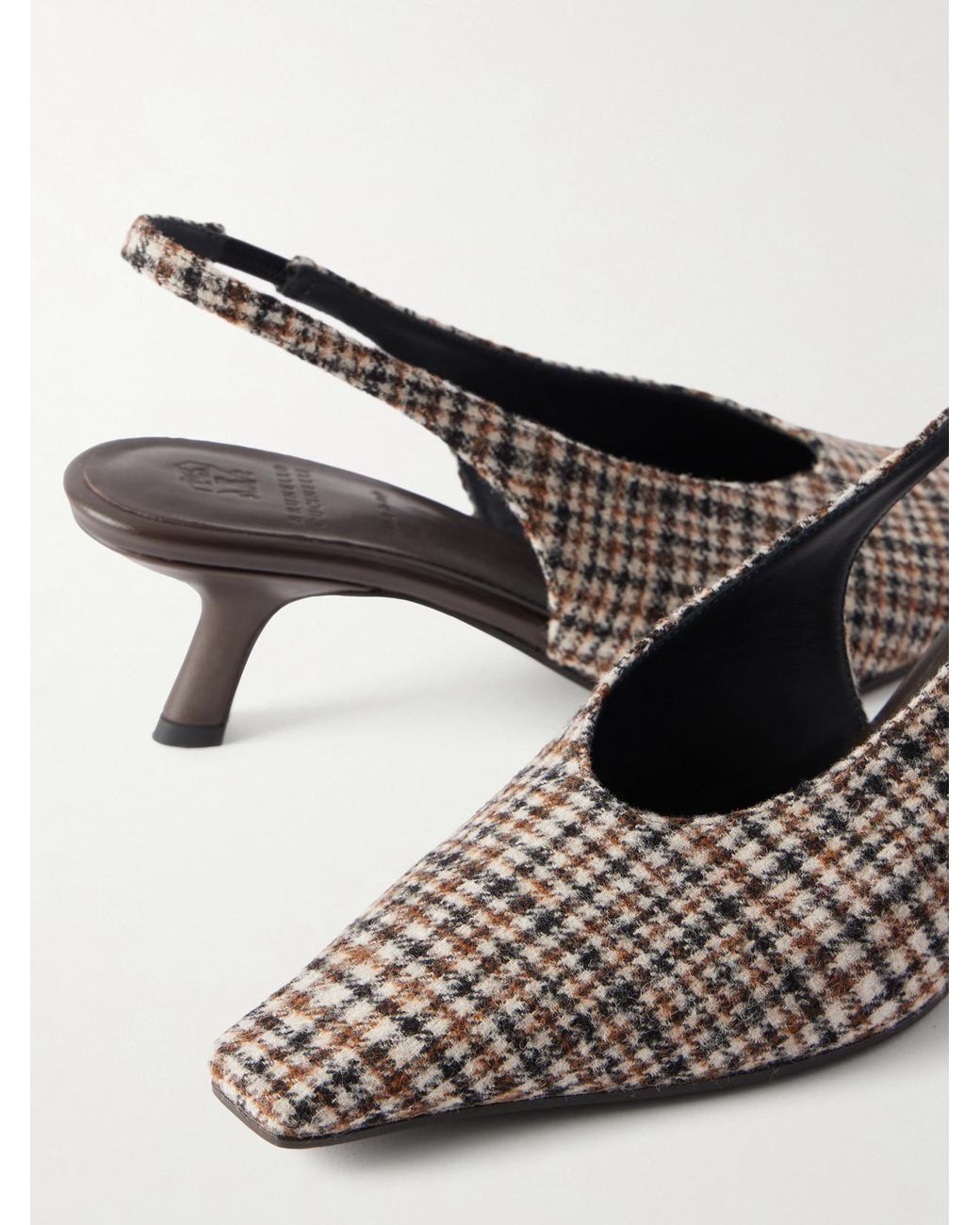 Brunello Cucinelli Brown Checked Wool Slingback Pumps