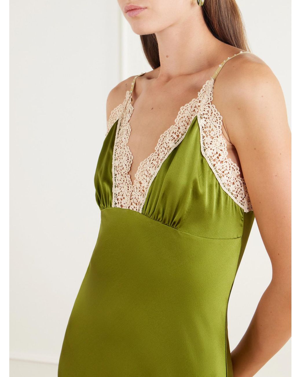 Miguelina Green Bead-Embellished Crochet-Trimmed Silk-Blend Satin Maxi Dress