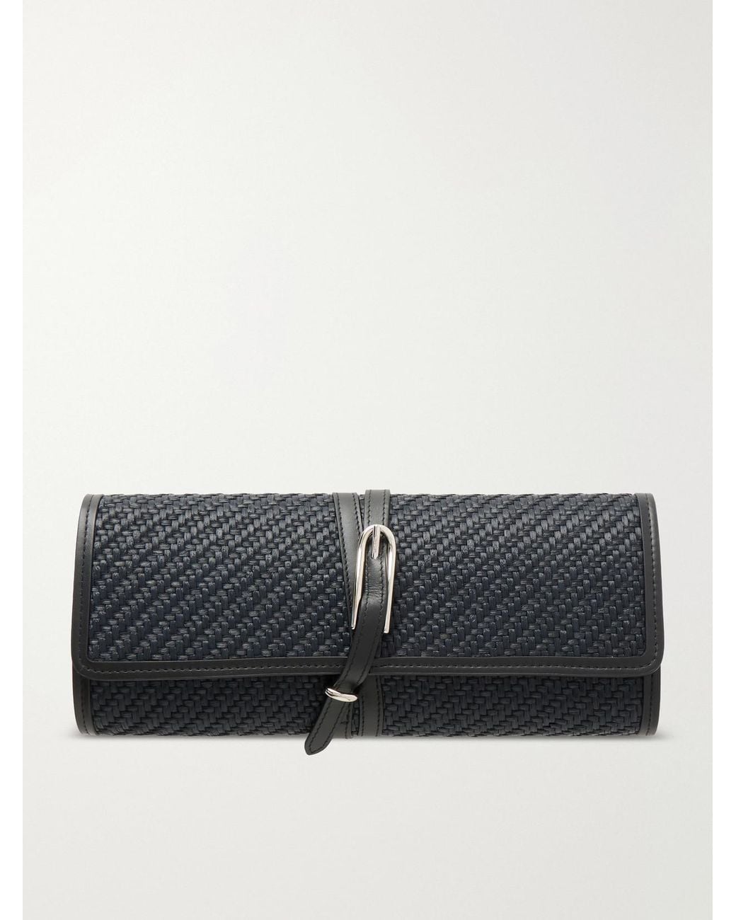 Liffner Gray Belted Leather-Trimmed Raffia Clutch