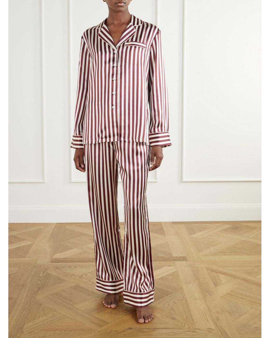 Olivia Von Halle Pink Soren Striped Silk-Satin Pajama