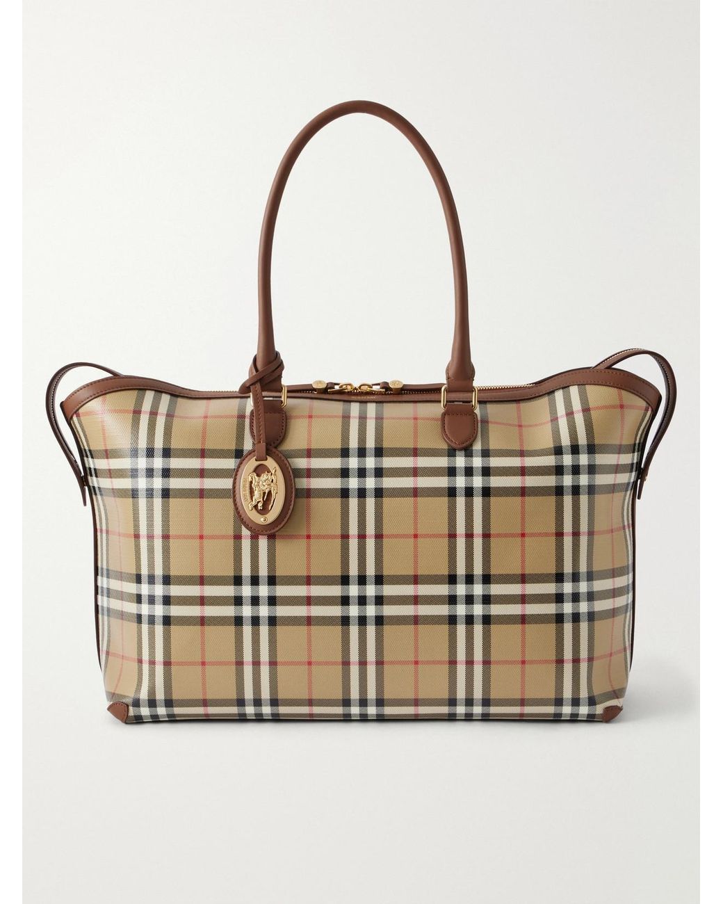 Burberry Natural Medium Check Zip Leather-Trimmed Tote