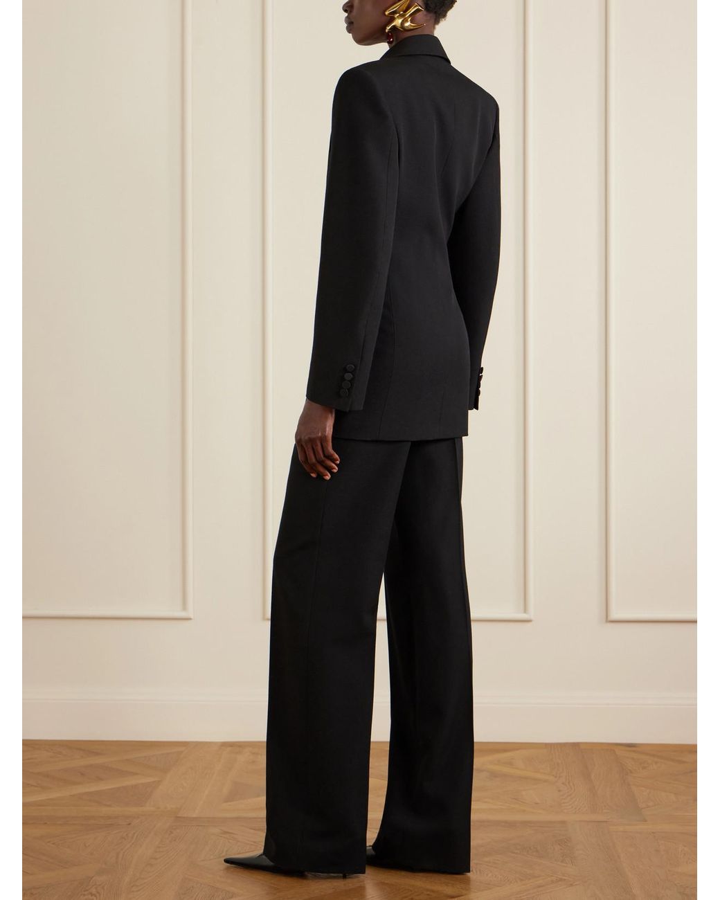 Saint Laurent Black Double-Breasted Satin-Trimmed Wool-Crepe Blazer