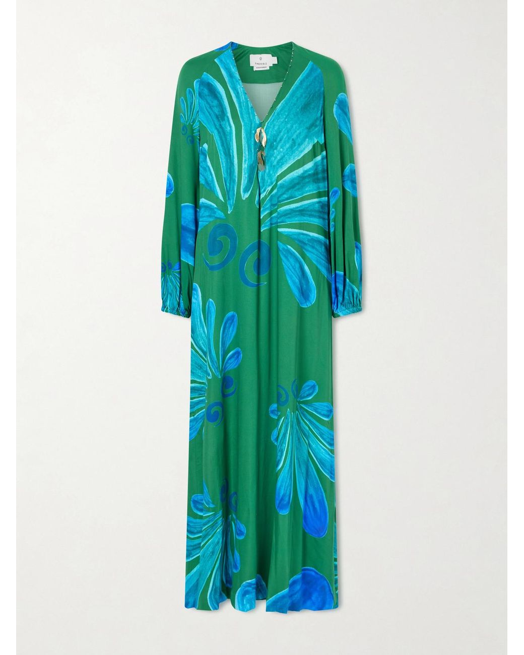 Themis Z Blue Alcmene Embellished Printed Crepe Maxi Dress