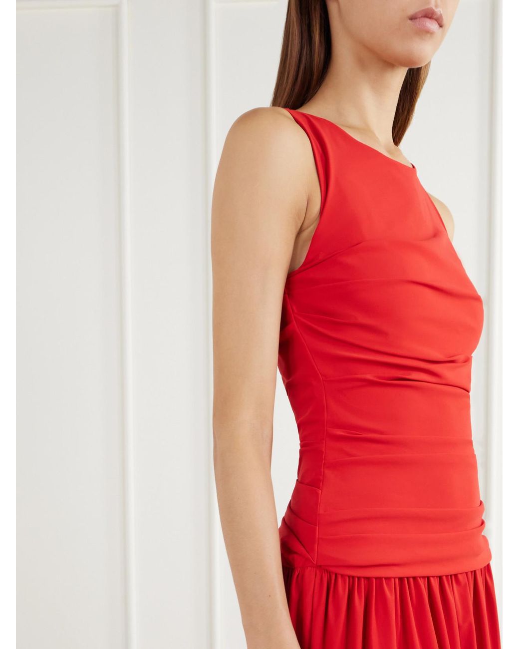 La Ligne Red Ruched Pleated Stretch-Jersey Midi Dress