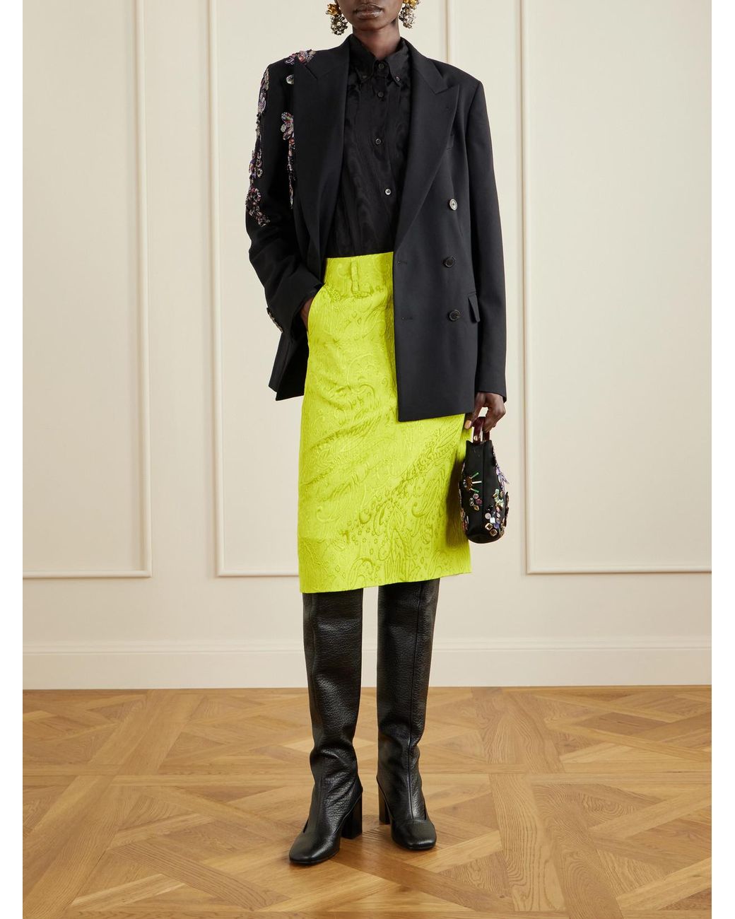 Dries Van Noten Yellow Paisley Motif Matelassé Jacquard Midi Skirt