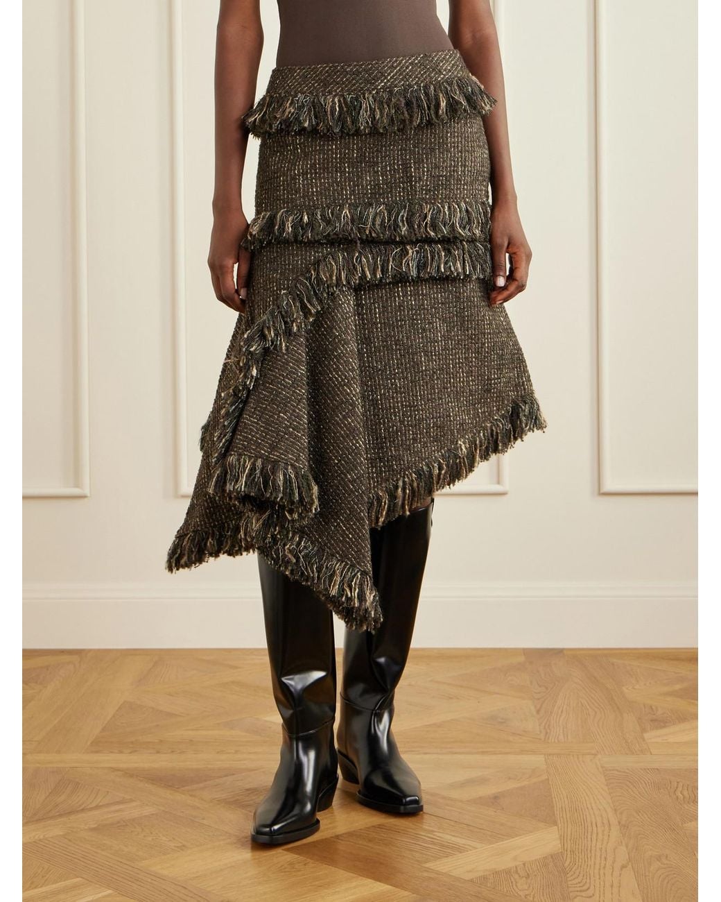 Sacai Brown Fringed Wool-Blend Tweed Midi Skirt