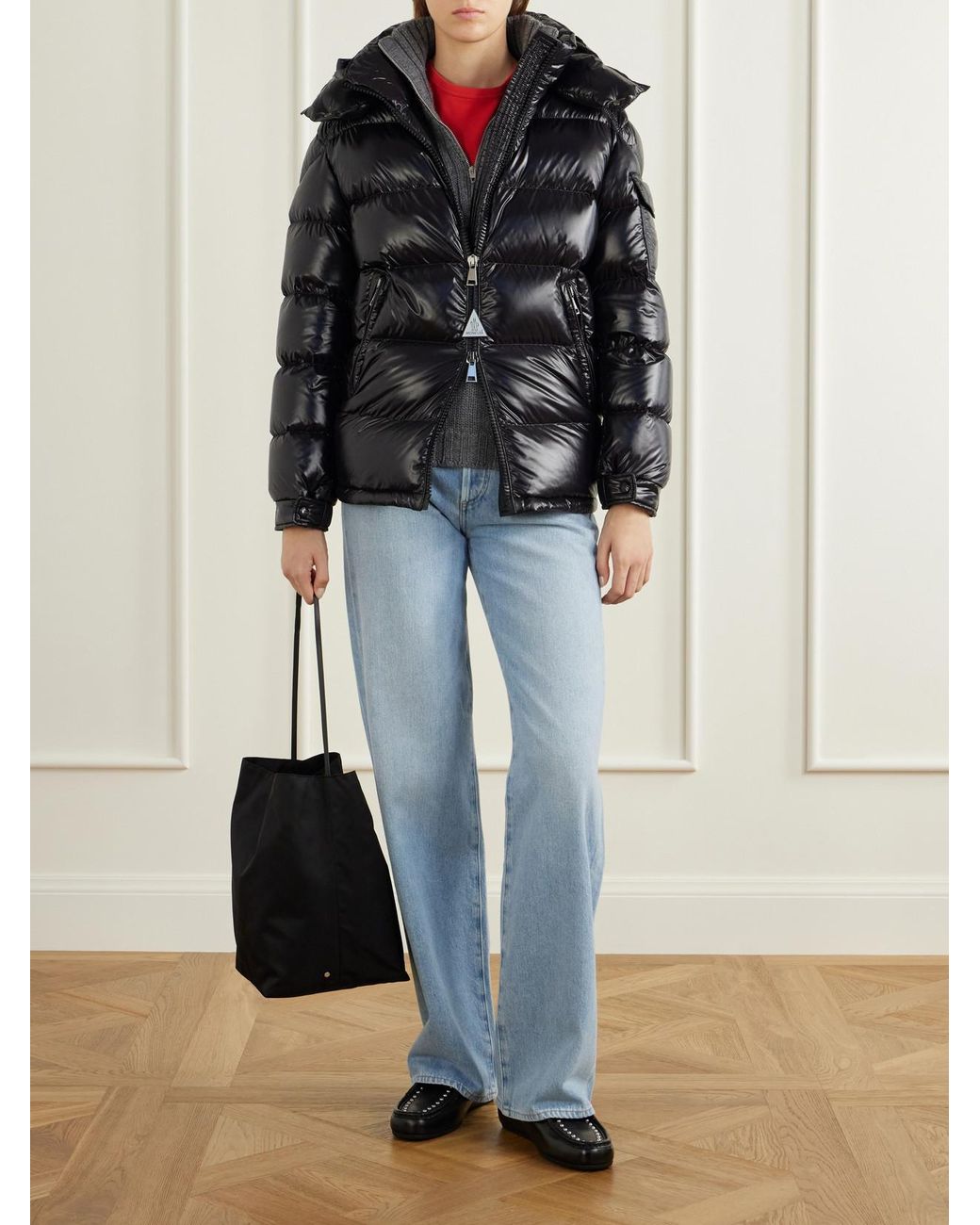 Moncler Black Maire Hooded Quilted Glossed-Shell Down Jacket