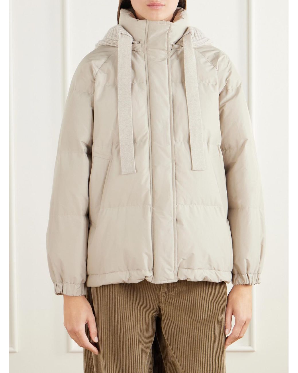 Brunello Cucinelli Natural Hooded Quilted Padded Cashmere-Trimmed Cotton-Blend Shell Jacket