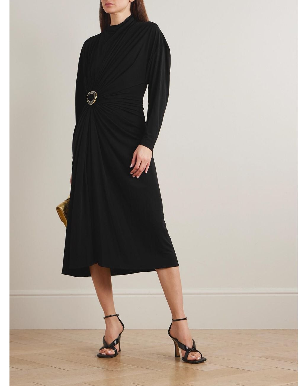 Bottega Veneta Black Embellished Gathered Jersey Midi Dress