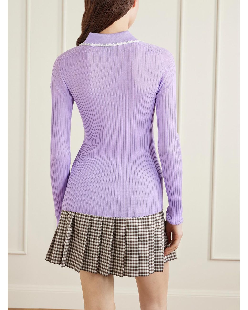 Moncler Purple Appliquéd Embroidered Ribbed Wool Polo Shirt