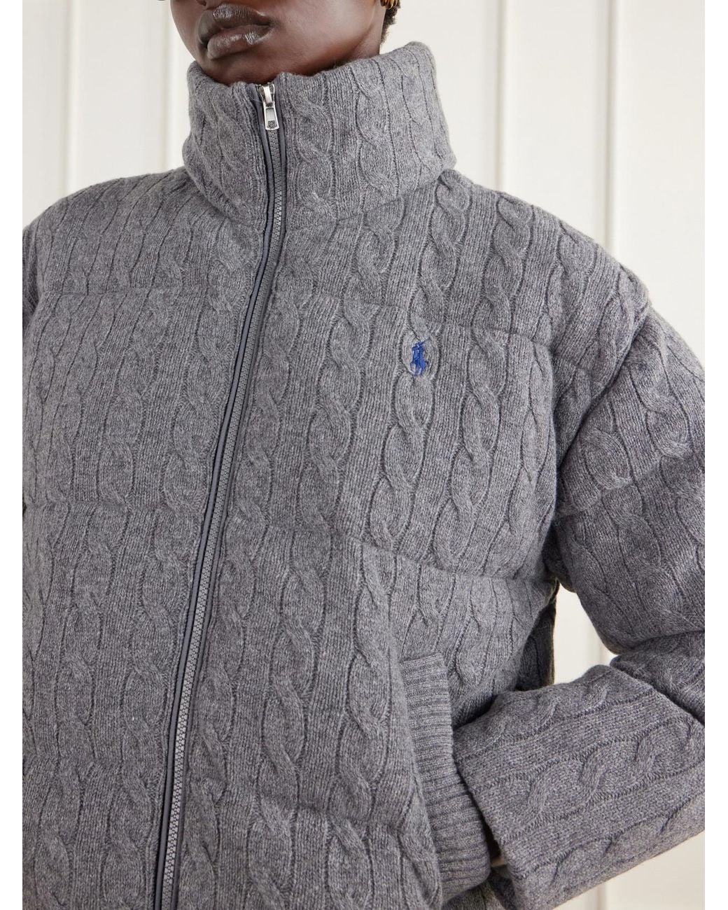 Polo Ralph Lauren Gray Padded Quilted Cable-Knit Wool And Cashmere-Blend Jacket