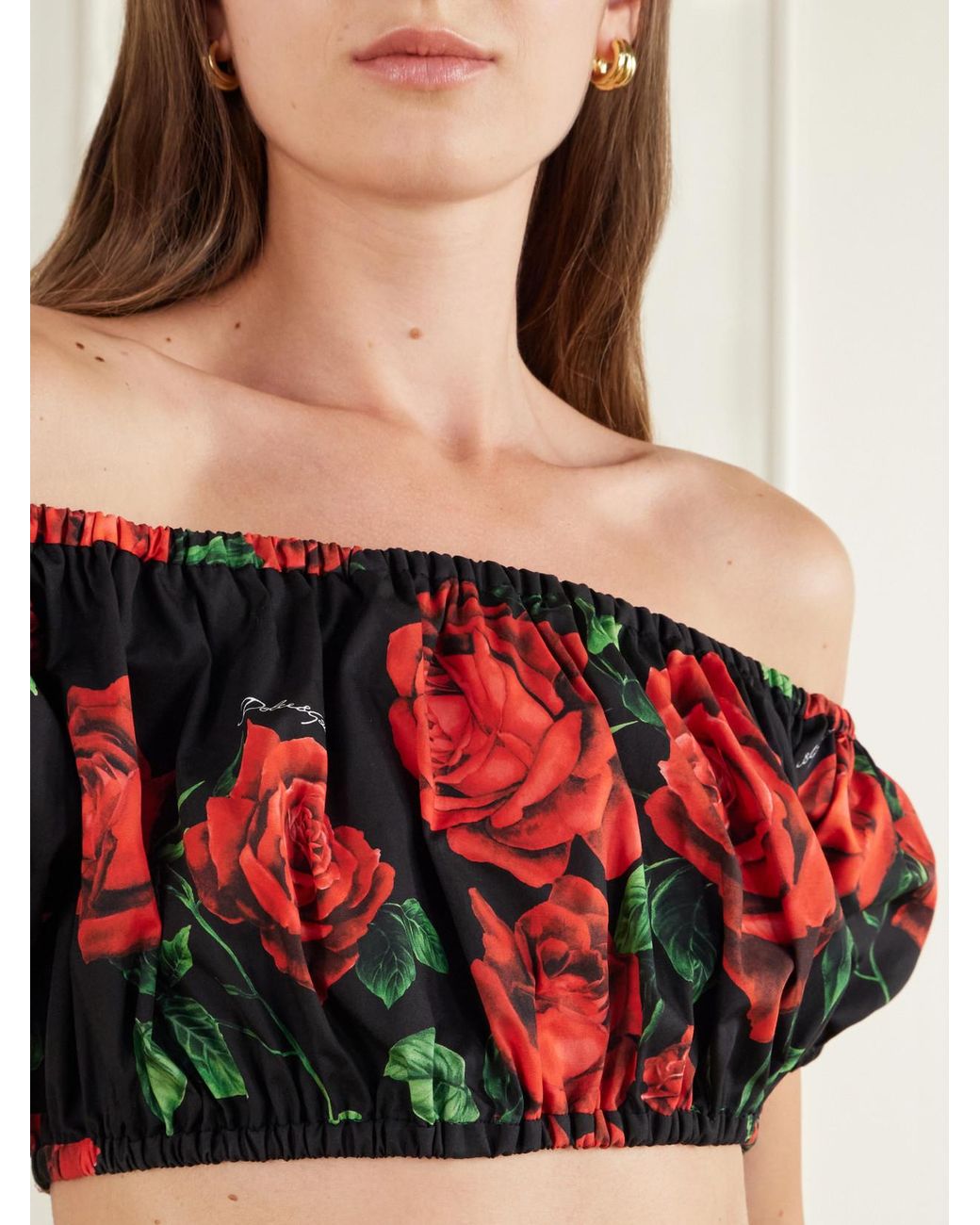Dolce & Gabbana Red Off-The-Shoulder Cropped Floral-Print Cotton-Poplin Top