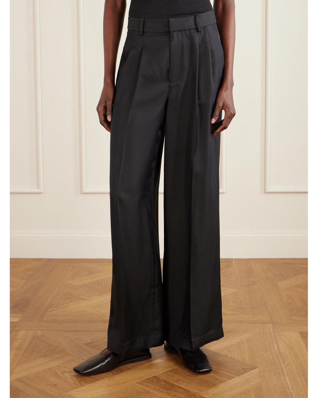 Lisa Yang Black Pleated Silk-Twill Wide-Leg Pants