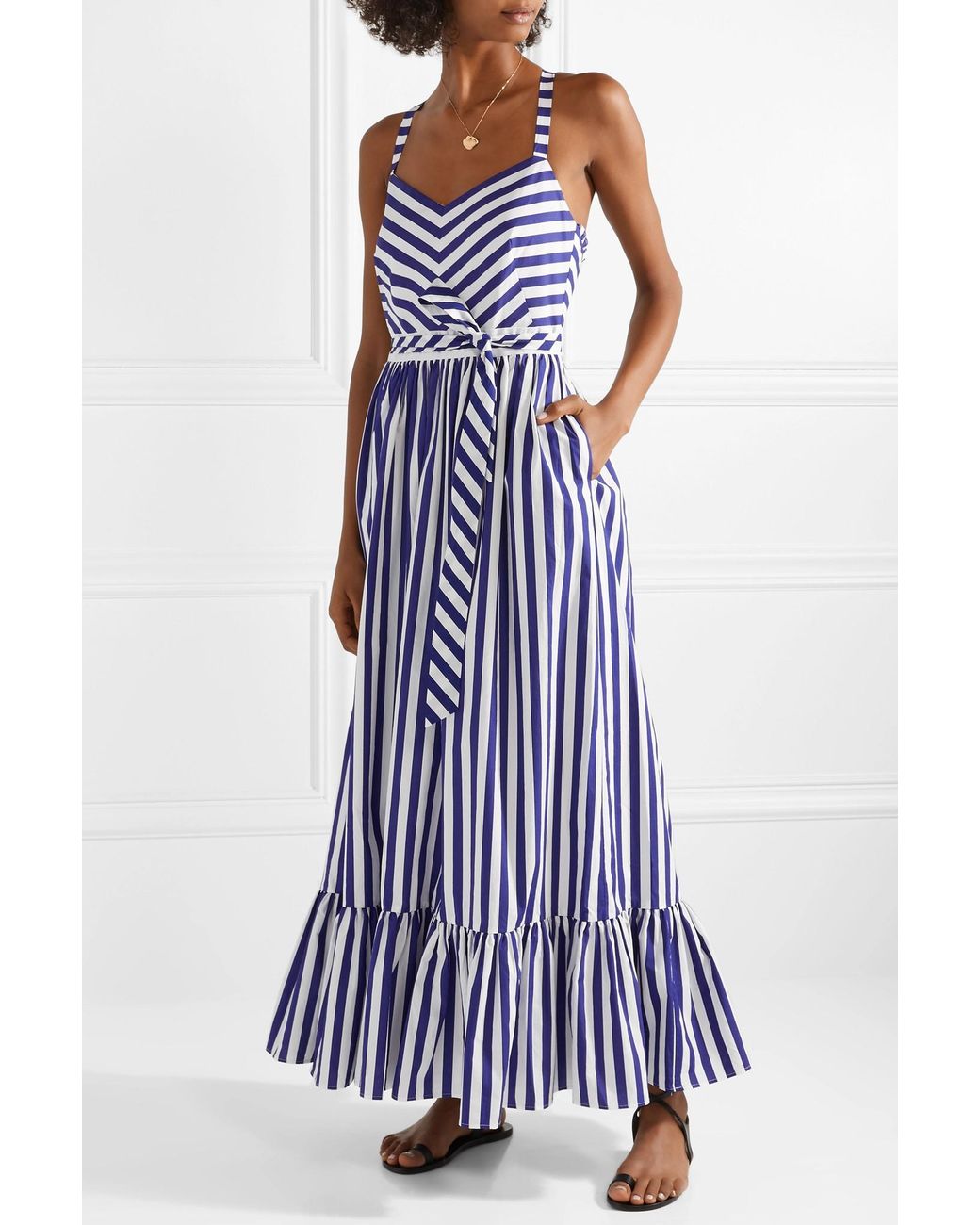 J.Crew Stripe Ruffle Cotton Maxi Dress (regular & Plus Size) in Blue | Lyst