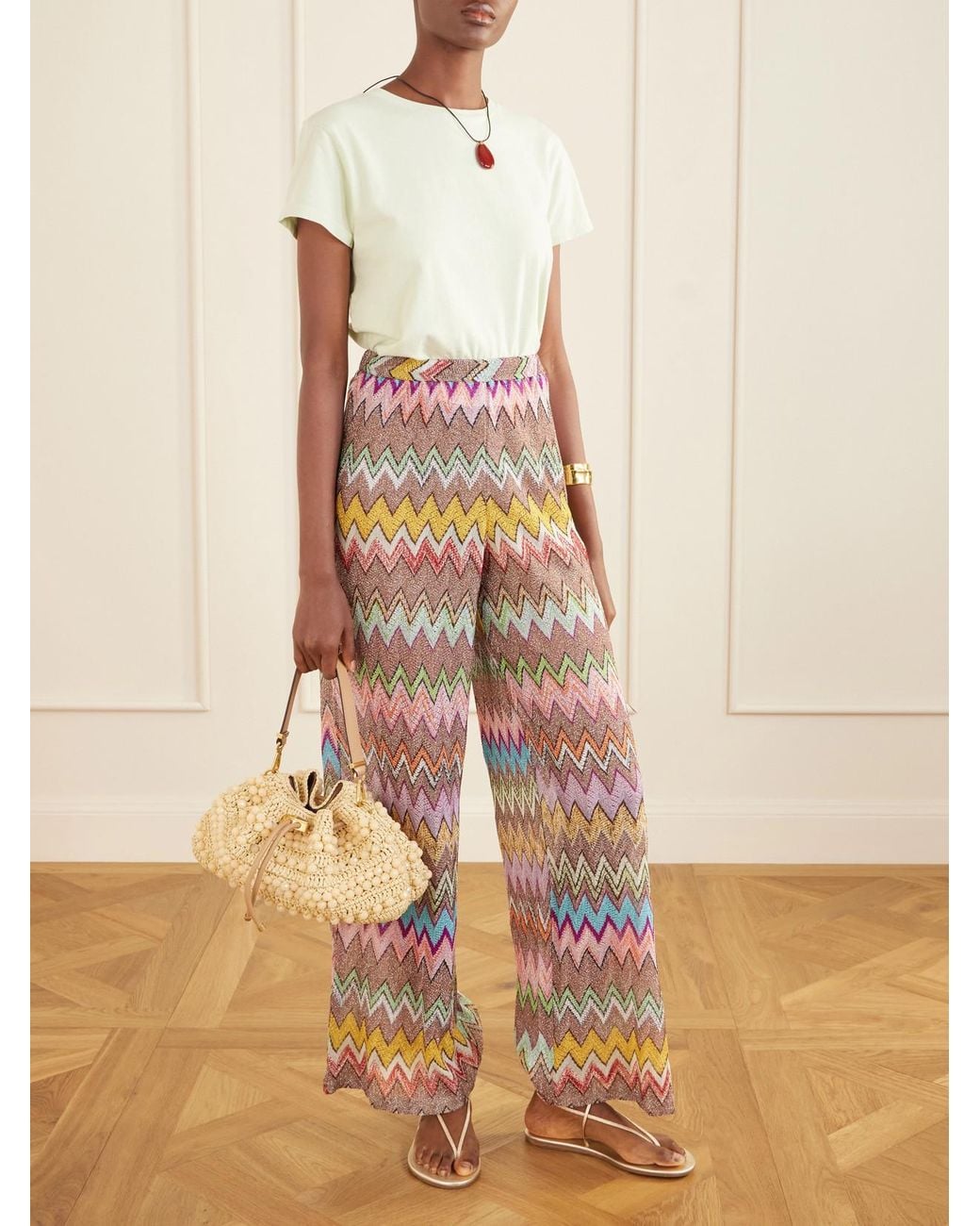 Missoni White Striped Metallic Crochet-Knit Wide-Leg Pants