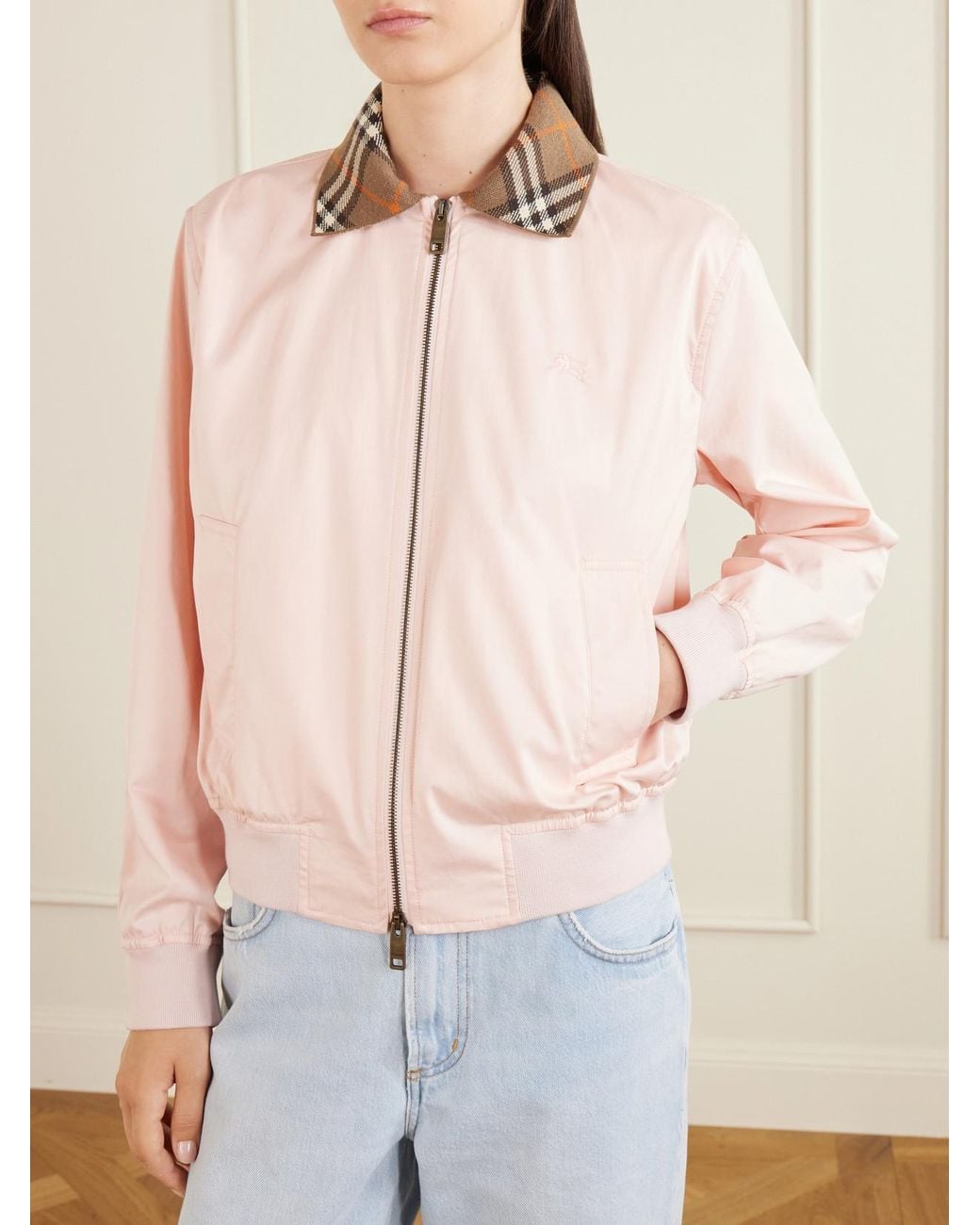 Burberry Natural Hayfield Knitted Check-Trimmed Cotton-Poplin Bomber Jacket