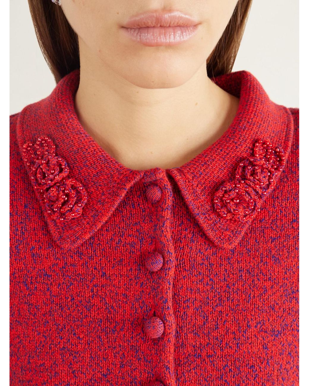 Self-Portrait Red Bead-Embellished Cropped Knitted Cardigan
