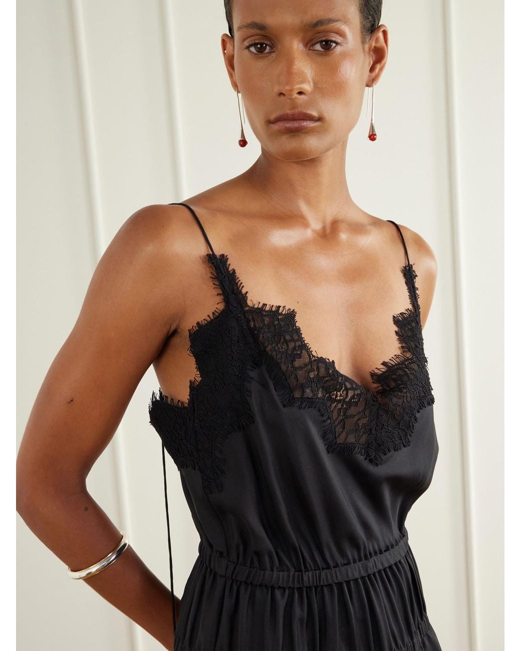 Rohe Black Camura Lace-Trimmed Shirred Silk-Satin Midi Dress