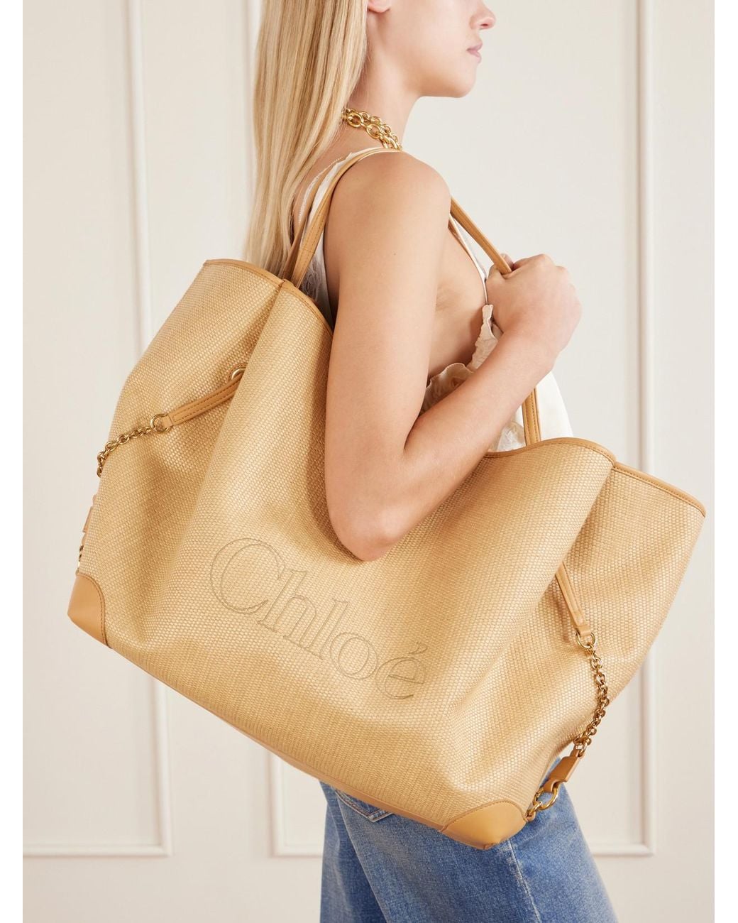 Chloé Natural Clover Leather-Trimmed Raffia Tote