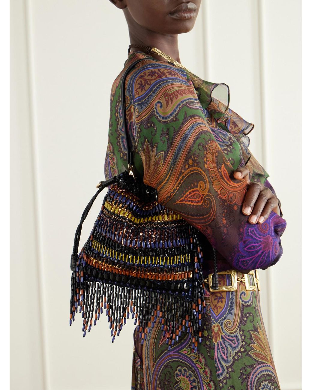 Etro Black Kalispera Fringed Bead-Embellished Leather-Trimmed Sequined Drawstring Bag