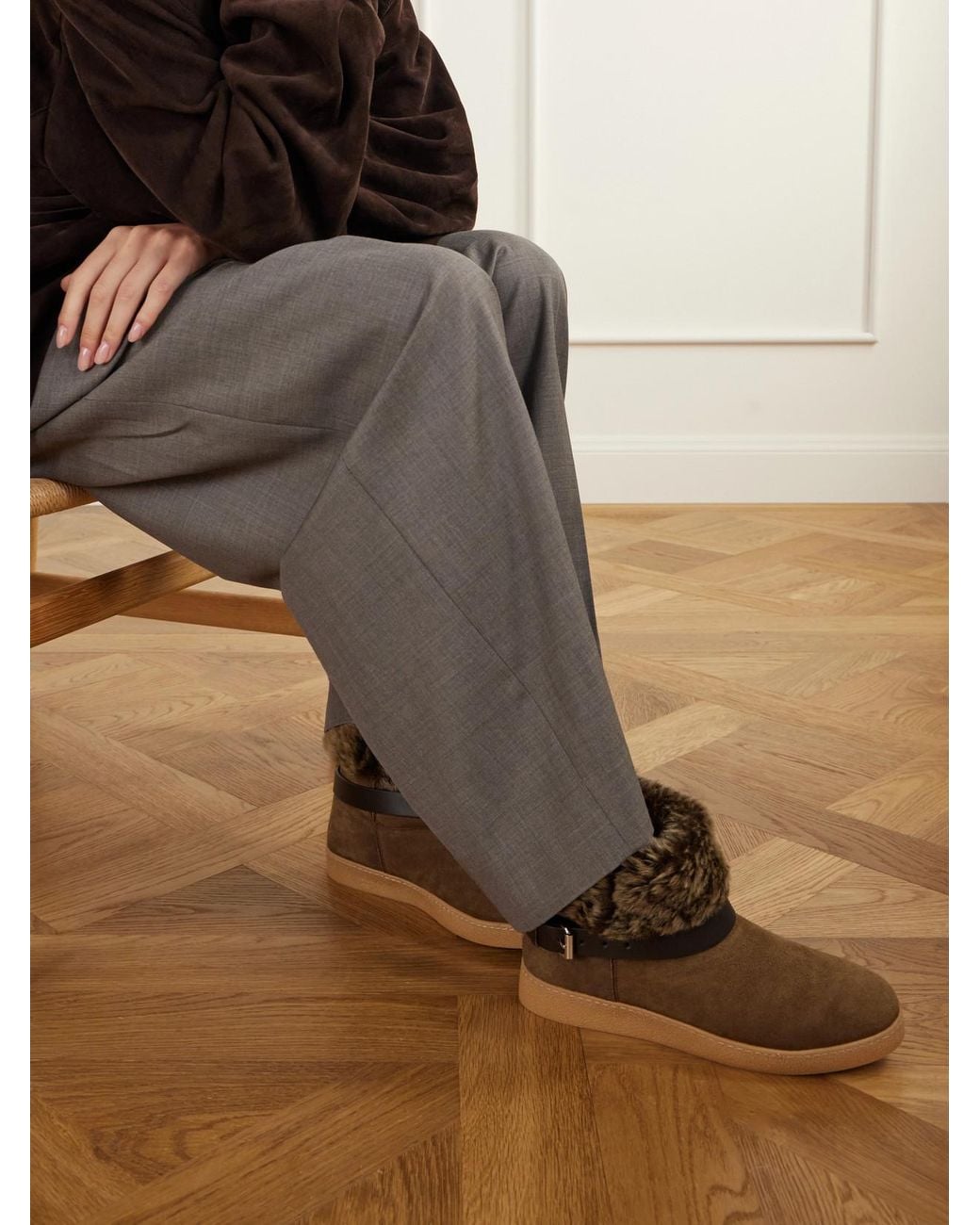 Isabel Marant Brown Nolyz Belted Shearling-Trimmed Suede Ankle Boots