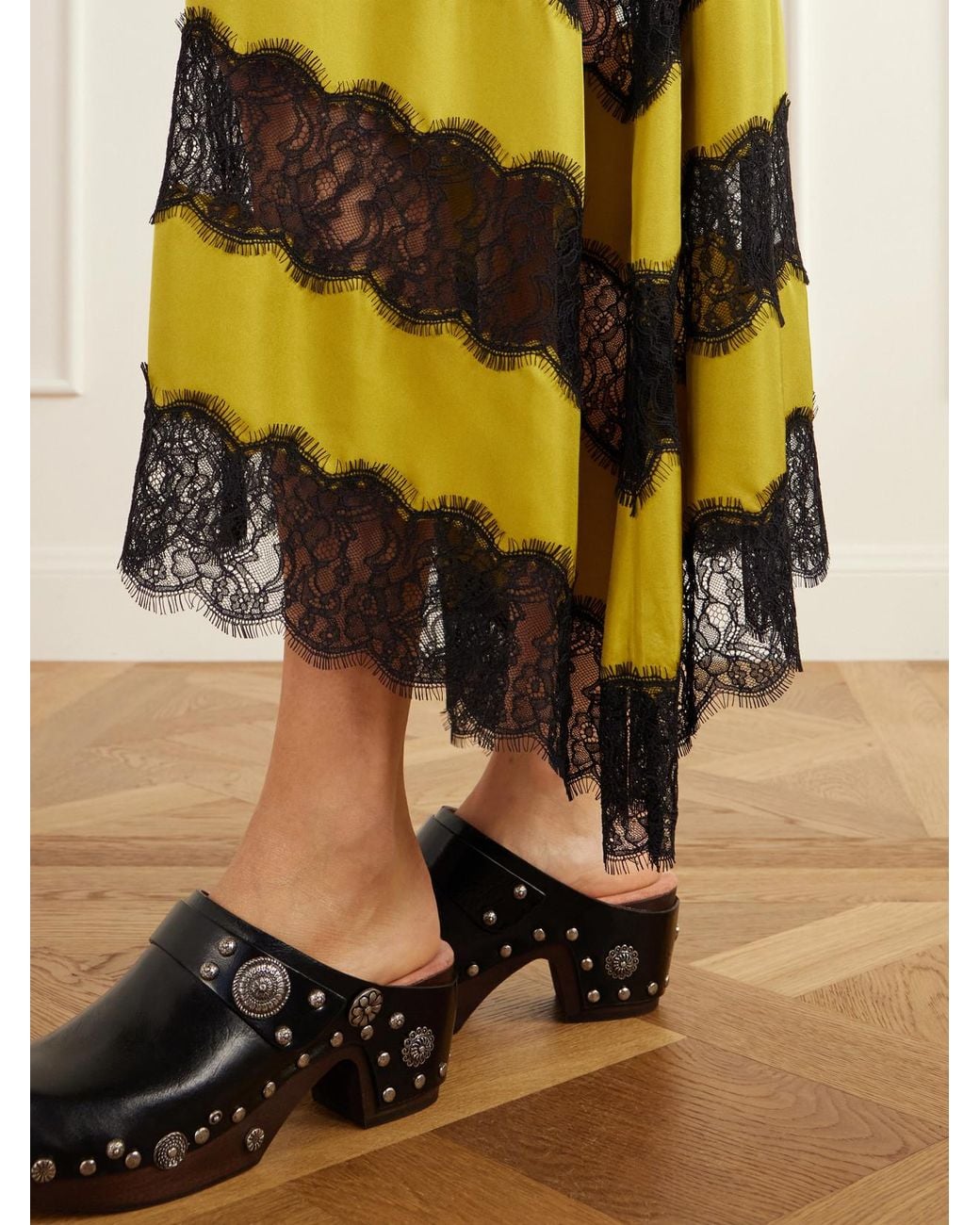 Ulla Johnson Yellow Coco Lace-Trimmed Silk-Satin Midi Dress