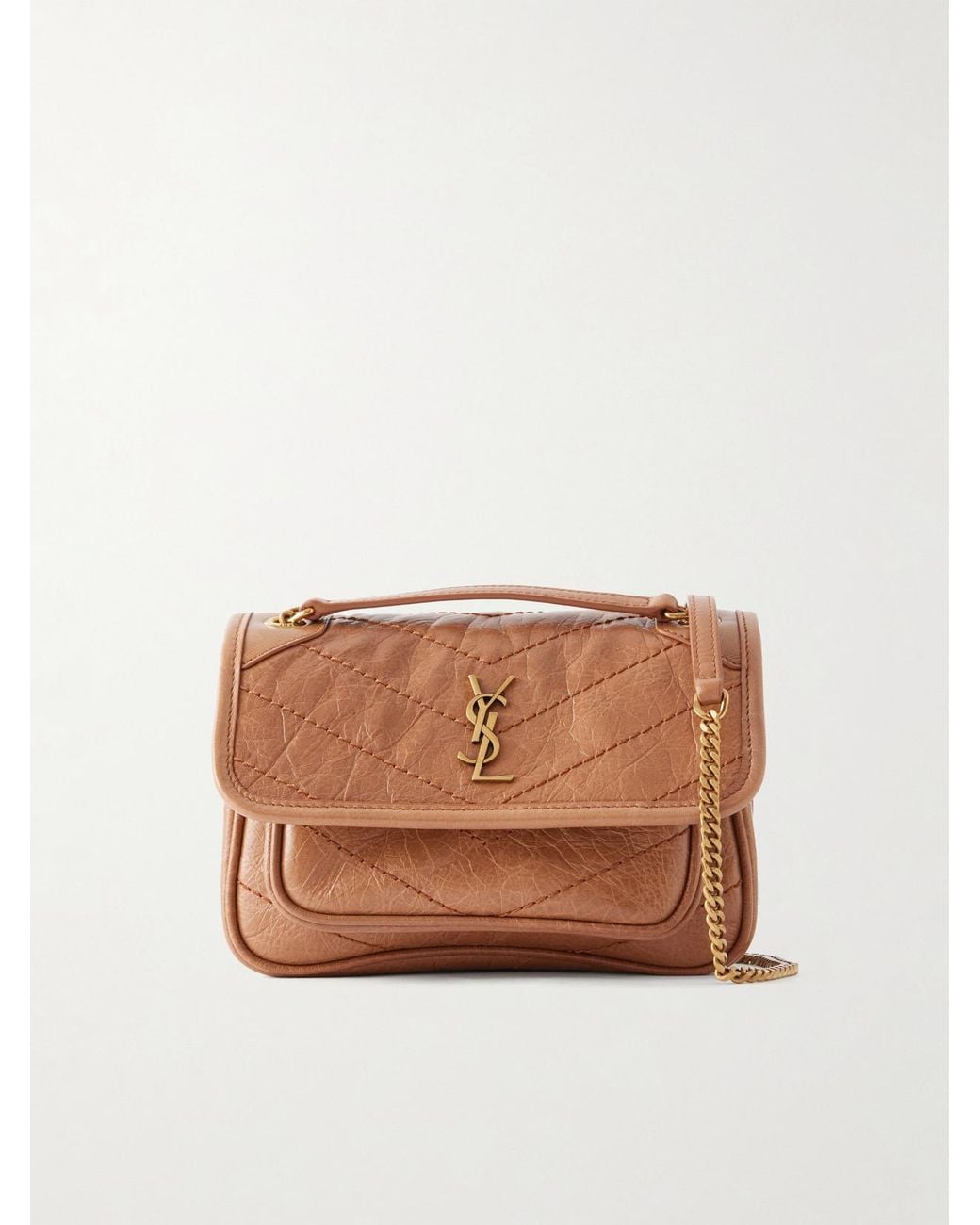 Saint Laurent Brown Niki Mini Cassandre-Embellished Crinkled-Leather Shoulder Bag