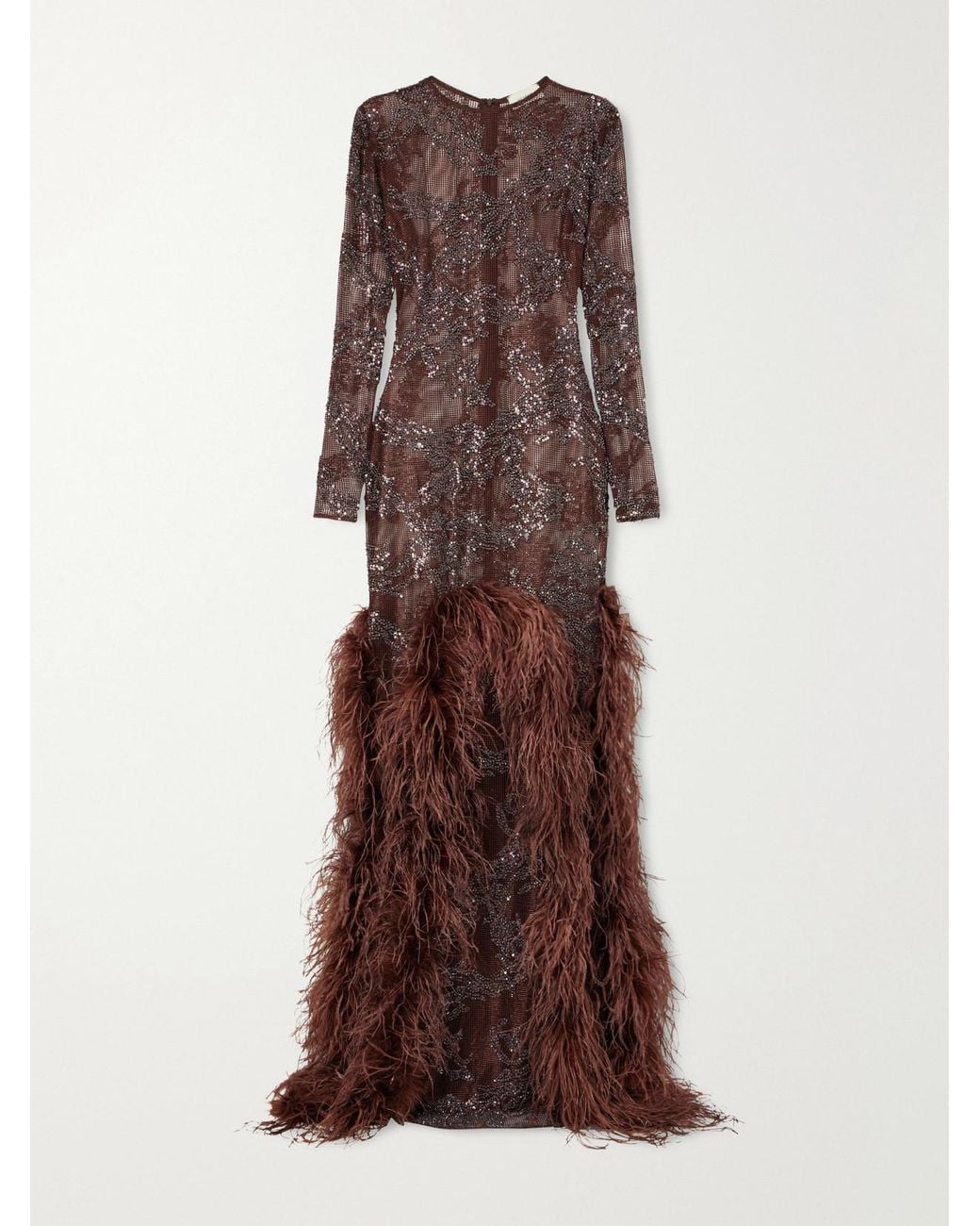 Ilkyaz Ozel Brown Byblos Feather-Trimmed Sequin-Embellished Mesh Gown