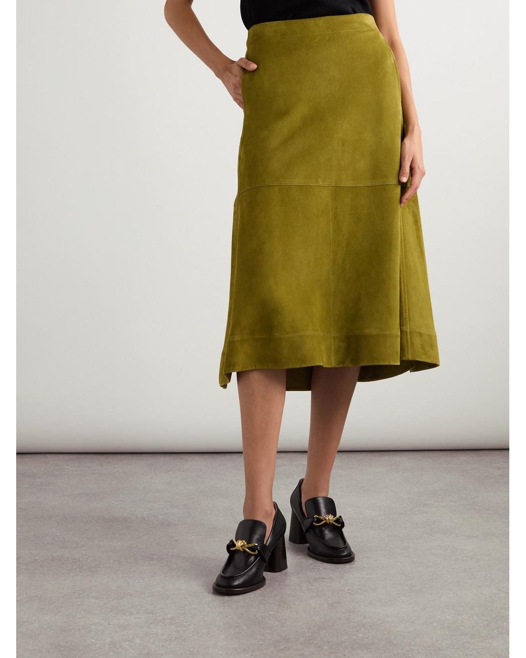 Bottega Veneta Green Suede Leather Midi Skirt Clothing