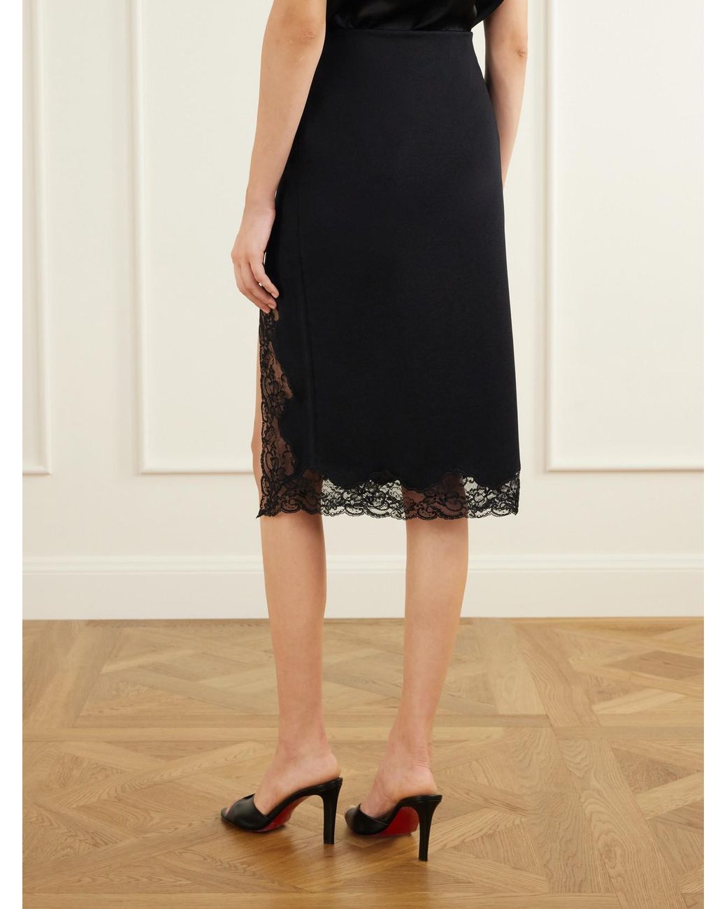 Balmain Black Lace-Trimmed Jersey Midi Skirt