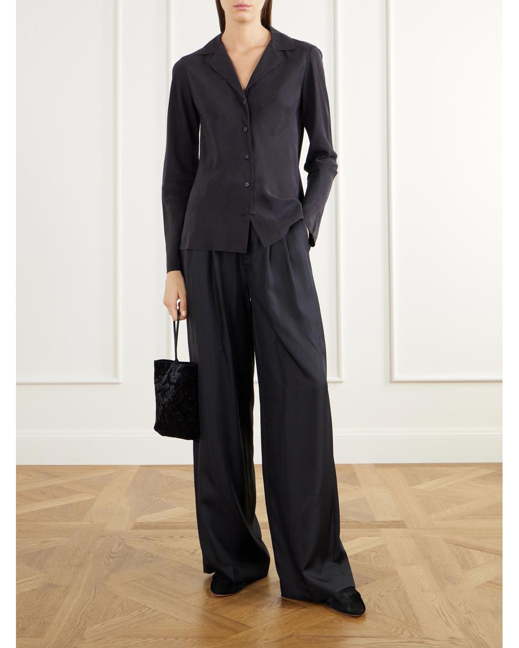James Perse Black Washed Silk-Habotai Shirt