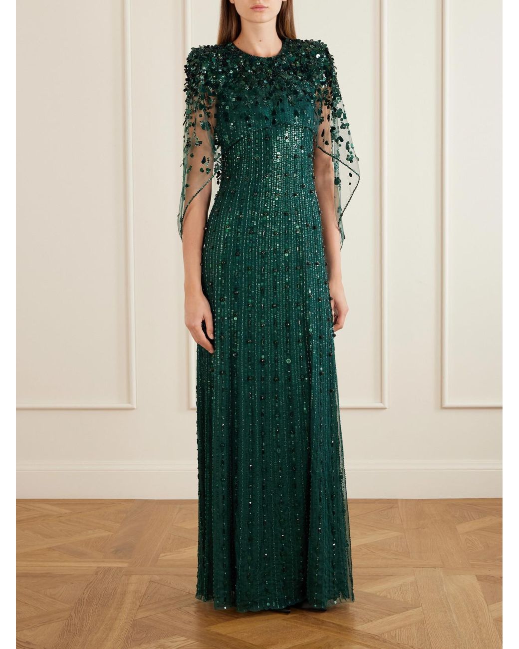 Jenny Packham Green Nettie Embellished Sequined Tulle Gown