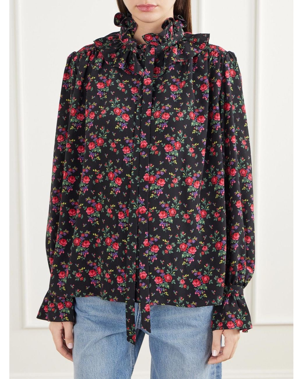 Chloé Black Ruffled-Collar Floral-Print Silk Crepe De Chine Blouse