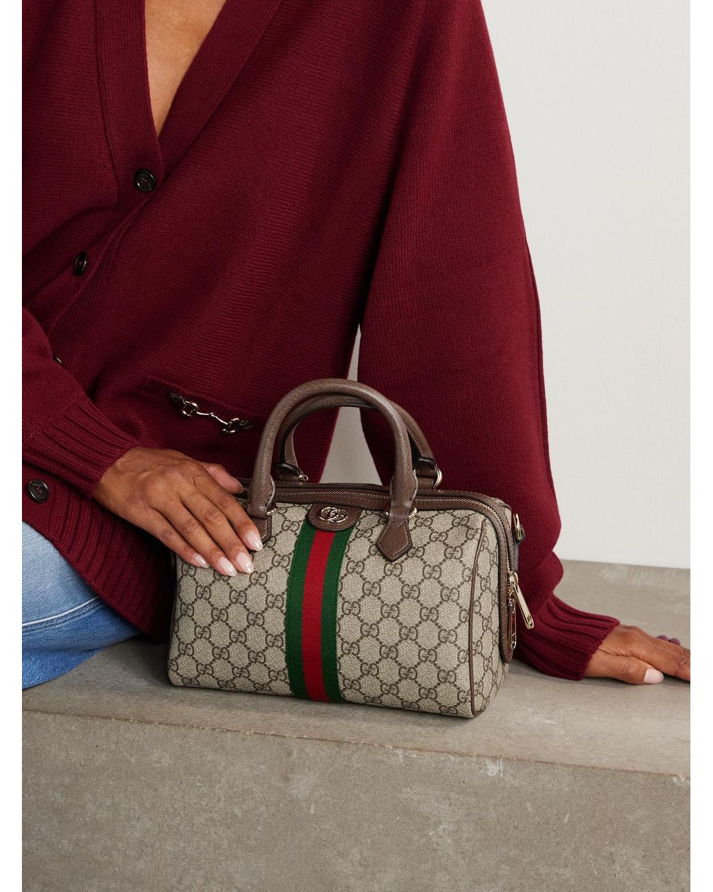 Gucci Natural Ophidia Textured Leather Coated Canvas-Jacquard Top-Handle Bag