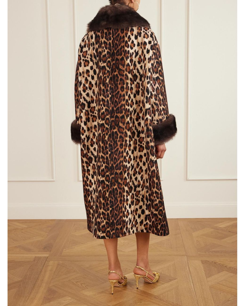 Valentino Garavani Brown Bow-Embellished Shearling-Trimmed Leopard-Print Wool Coat