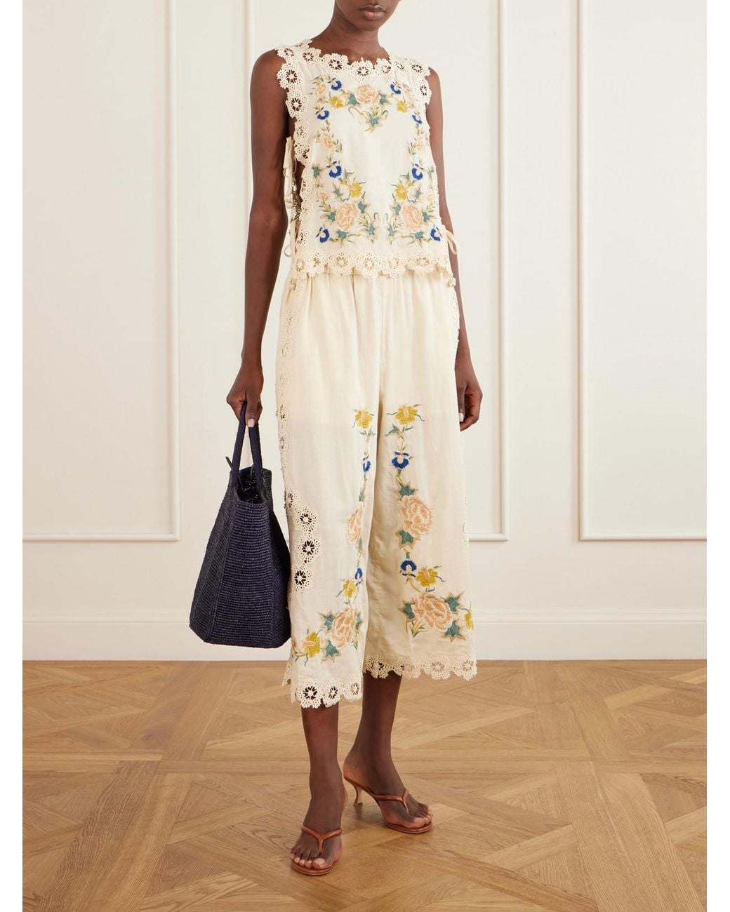 Sea Natural Addona Floral-Embroidered Broderie Anglaise-Trimmed Cotton Wide-Leg Pants