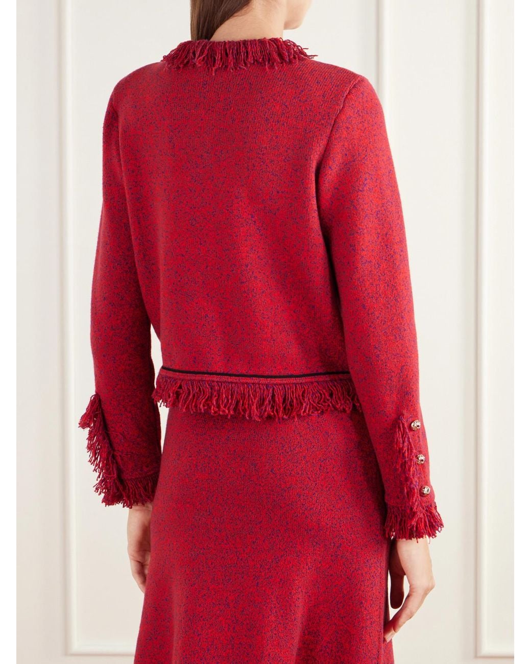 Self-Portrait Red Cropped Frayed Wool And Cotton-Blend Knitted Jacket