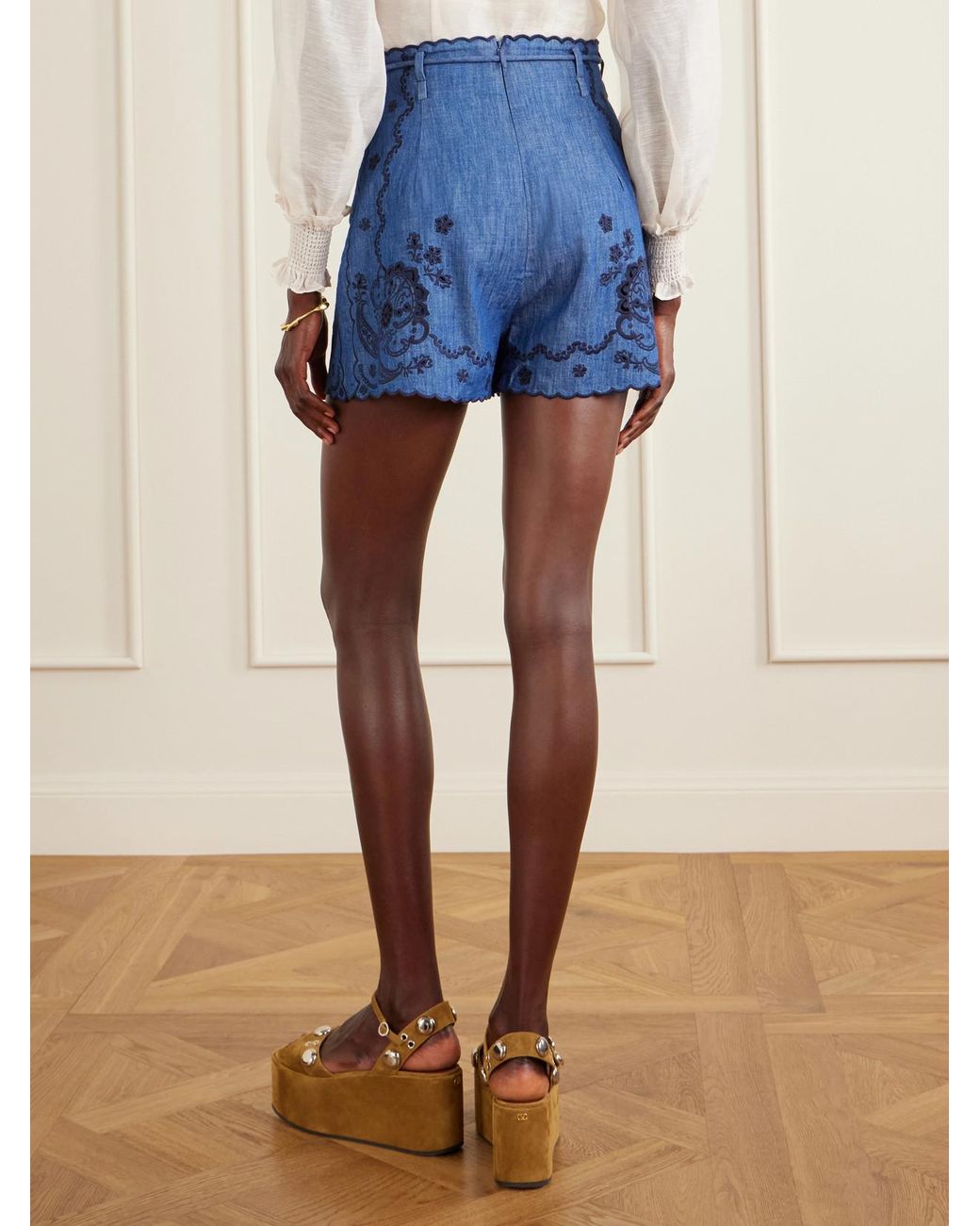 Zimmermann Blue Aster Scalloped Embroidered Denim Shorts