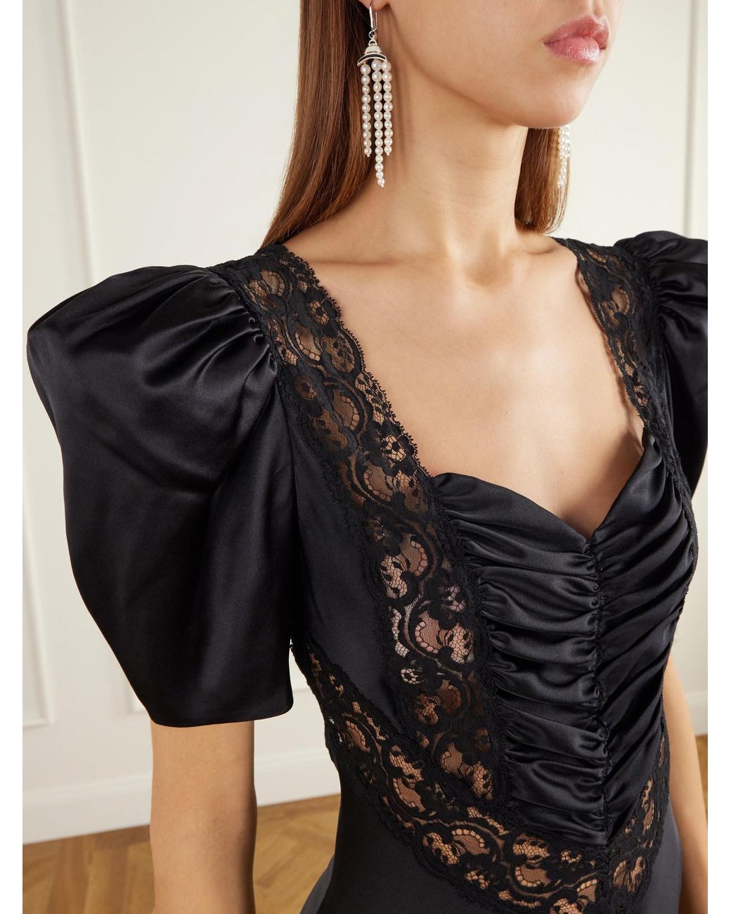 Rodarte Black Ruched Lace-Trimmed Silk-Satin Gown