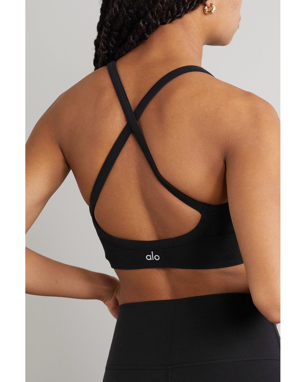 Alo Yoga Open-back Ribbed Cotton-blend Sports Bra in Black