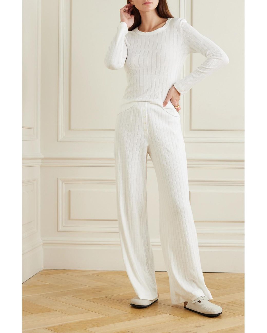 Leset White Pointelle-Knit Cotton-Jersey Top
