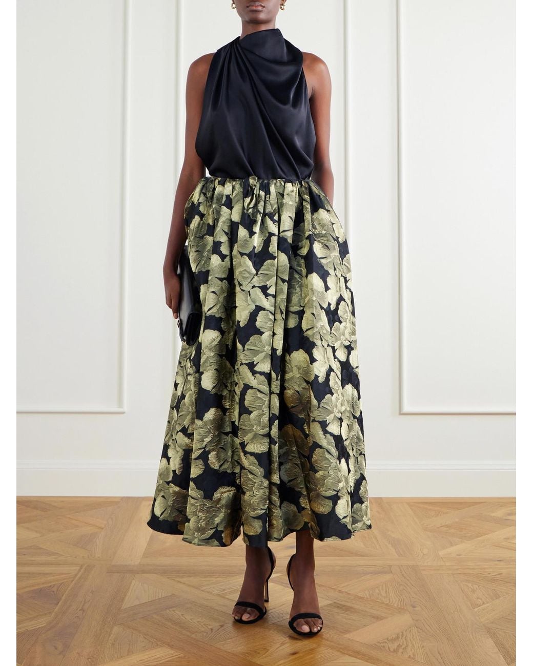 Abadia Green Elodie Gathered Floral-Brocade Maxi Skirt