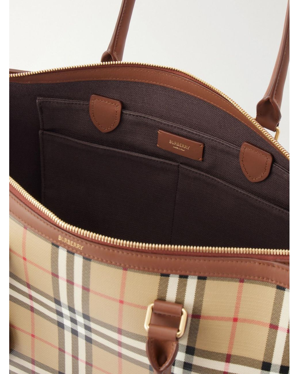 Burberry Natural Medium Check Zip Leather-Trimmed Tote