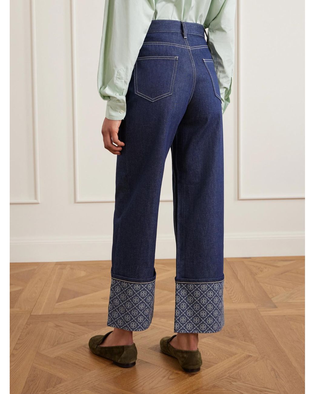 Tory Burch Blue Printed High-Rise Straight-Leg Jeans