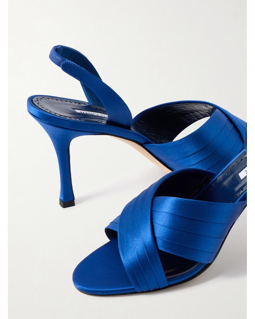 Manolo Blahnik Blue Viera 90 Satin Slingback Sandals