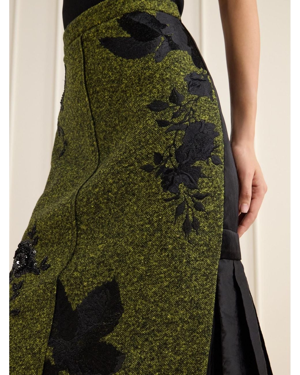 Erdem Green Embellished Floral-Embroidered Pleated Satin And Twill Midi Skirt